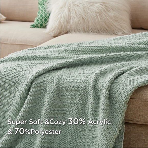 West Elm Teal Mint Trendy Gift Soft Cozy Chevron Tassel Throw Blanket Bedding - Picture 4 of 15